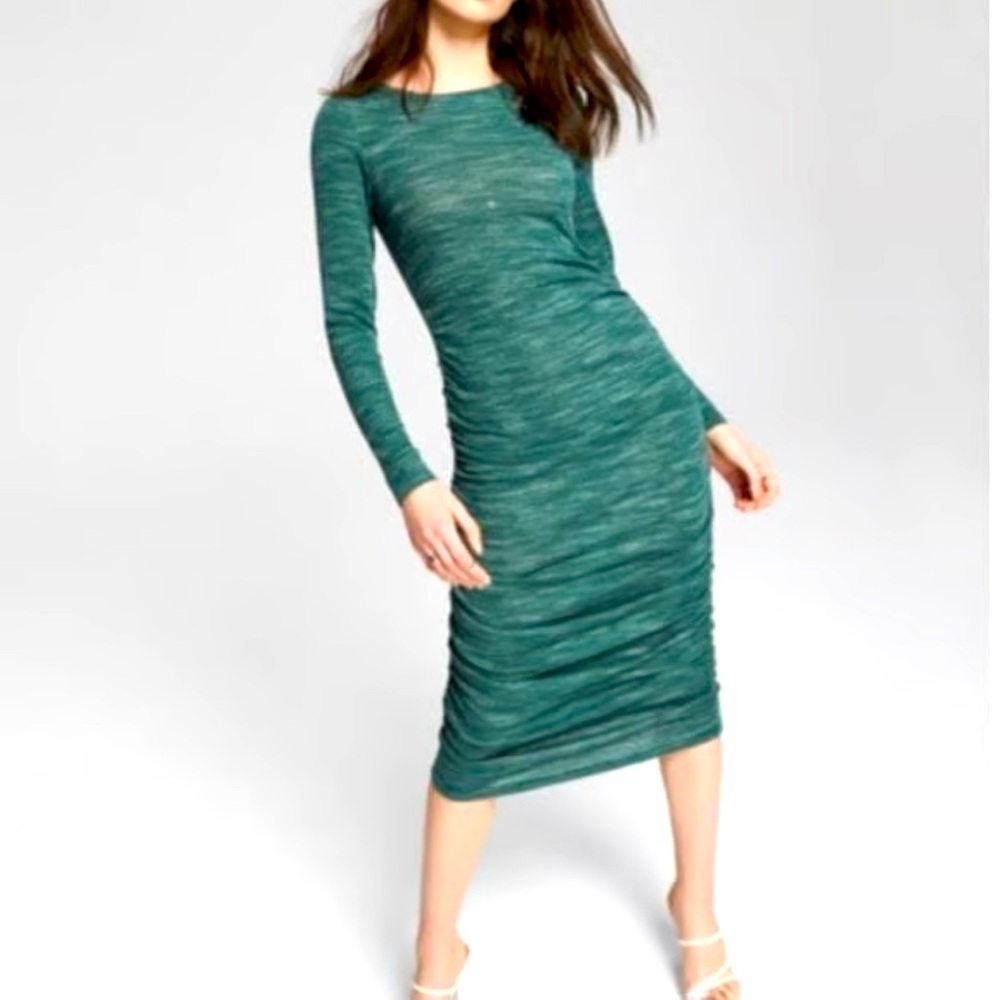 New Midi Green Heathered Bodycon Knit Runched Stretchy Long Sleeve Dress Large - Picture 1 of 10